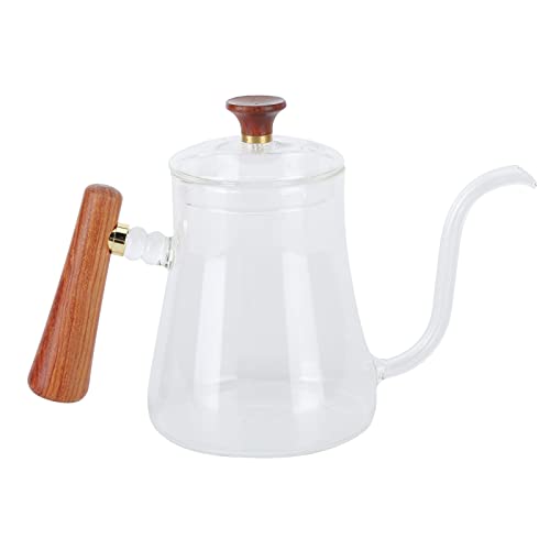 Pour Over Coffee Kettle, Gooseneck Kettle Small Tea Kettle High Borosilicate Glass KettleRound Wood Handle with Stable Effluent, Fully Extract Coffee Making Tool (600ml)