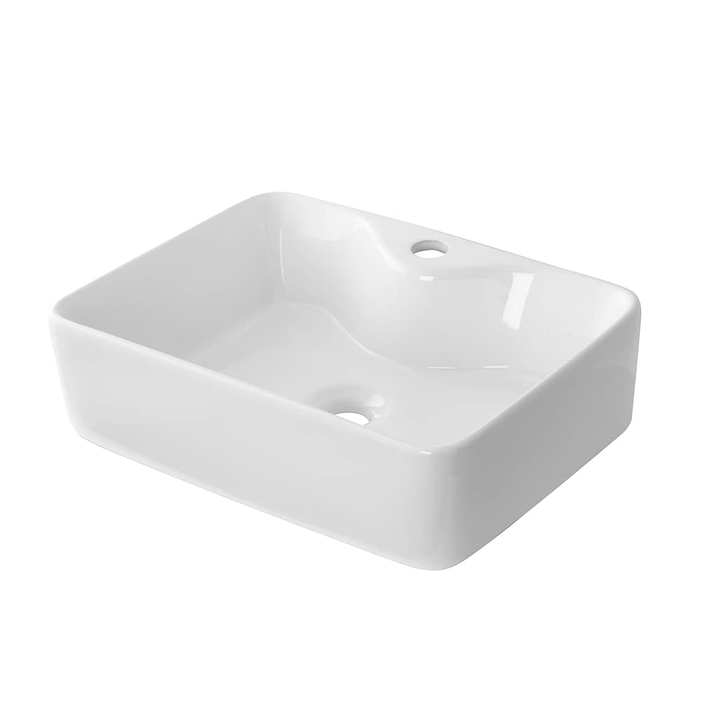 Inbagno Lavabo da appoggio Rettangolare 48x37 cm con Foro Rubinetto, Design Moderno in Ceramica Bianca Lucida