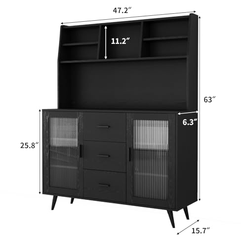 VOWNER Kitchen Hutch Storage Cabinet, Modern Kitchen Pantry with Glass Doors and 3 Drawers, Freestanding Cupboard Sideboard Buffet Cabinet for Dinning Room, Living Room (Black) - Thumbnail 2