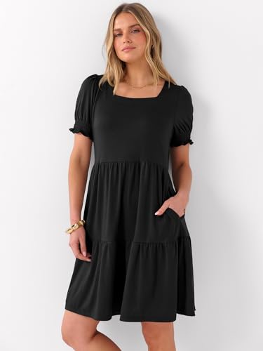 Image of ANRABESS Women Summer Square Neck Puff Short Sleeve Mini Dress 2026 Casual Flowy Sundress Beach Vacation Clothes with Pockets
