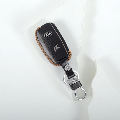Image of Leather Smart Car Key Cover Case with Metal Hook Keychain for Kia Seltos, Sonet, Carens(Black)