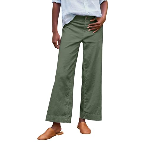 Womens Wide Leg Linen Pants Elastic High Waist Cropped Pants Summer Business Casual Work Pants with Pockets