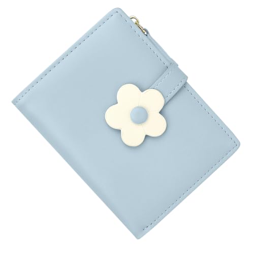 Image of Small Womens Wallet, Cute Bifold RFID Blocking Vegan Wallet for Teen Girls Ladies with Zipper Coin Pocket (Blue,Flower)
