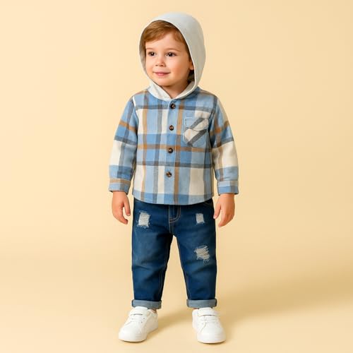 Toddler Boy Clothes Baby Boys Fall Winter Outfits Plaid Hooded Sweatshirt Ripped Holes Jeans Set 2-5T3
