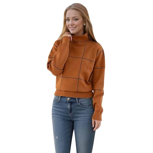 CHICWISH Women's Fall Turtleneck Sweater Pullover Plaid Long Sleeve Casual Knitted Winter Checkered Sweaters Tops2