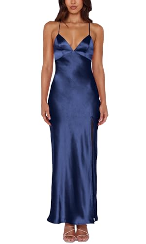 Cosonsen Women's Cocktail Party Dress Satin V-Neck Spaghetti Strap Split Open Back Long Maxi Dresses4
