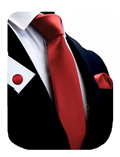 GUSLESON Brand Mens Classic Silk Solid Red Wedding Tie Necktie and Pocket Square Cufflinks Sets (0789-01)