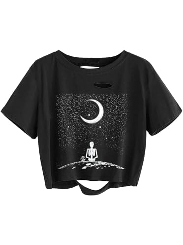 Image of Avanova Women Skull Finger Graphic Distressed Tee Shirt Ripped Short Sleeve Crop Tops