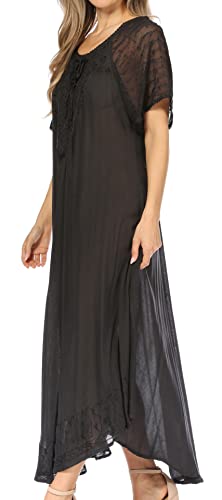 Image of Sakkas Egan Long Embroidered Caftan Dress /Cover Up with Embroidered Cap Sleeves