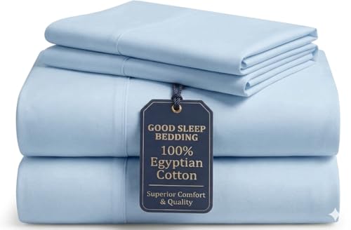 Image of Good Sleep Bedding Full Size Bed Sheets, 4 Piece, 100% Egyptian Cotton Full Size Sheet & Pillowcase Sets, Sateen Weave, Ultra-Soft Hotel Sheets, 16 inch Deep Pocket Bedsheets - Light Blue