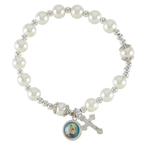 Pearl Rosary Bracelet with Mary and Cross Charms, 7.5 Inches Stretchable, Religious Catholic Prayer Beads