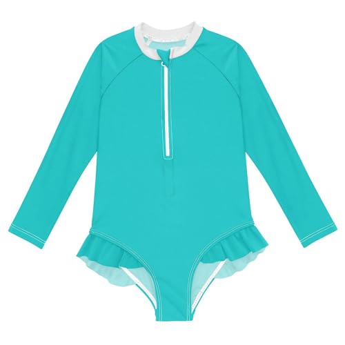 Plain Dark Turquoise Baby Girl Bathing Suit Long Sleeve UPF 50+ One Piece Toddler Swimsuit Size 11-12Y