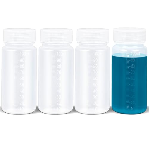 UMETASS 3.4oz/100ml Squeeze Bottles Wide Mouth Plastic Bottles with Lids, Graduated Food Grade PP Sample Containers for Water Sample Lab Reagent Pill Liquid Medicine Storage (Clear, 4 Pcs)