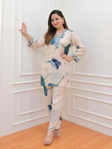Image of DHRUVI TRENDZ Co Ord Set for Women Stylish | Ethnic Kurta Sets for Woman | Traditional Short Kurti for Women | Daily Comfortable Outfit for Office & Ethnic Set | 3 /4 Sleeve Kurti with Pant