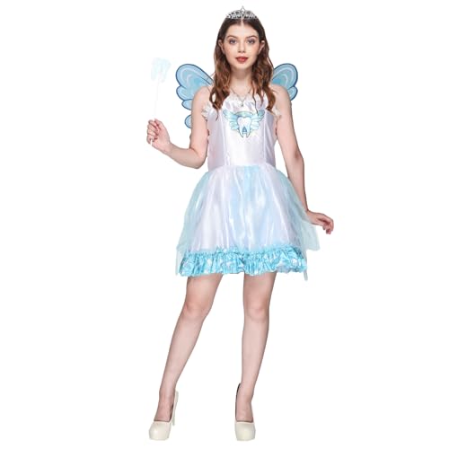 EraSpooky Womens Tooth Fairy Costume Halloween Adult Funny Fairytales Fancy Dress with Wings Necklace and Magic Stick