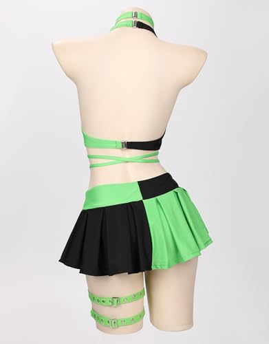 MEOWCOS Gothic Black Green Spliced Halter Bra and Bottom Bathing Suit with Long Sleeve Top Skirt and Choker3