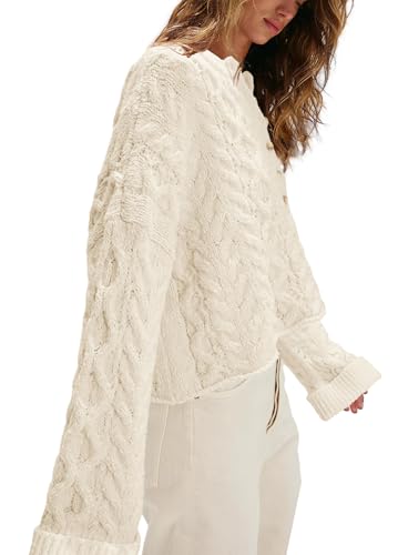 Panadila Womens Chunky Cable Knit Sweater Button Down Bell Long Sleeve Pullover Sweaters Casual Fall Winter Tops3