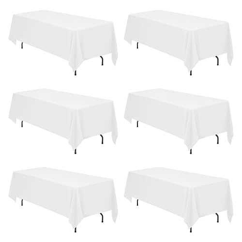 Image of BRILLMAX 6 Pack White Tablecloths 70x120 Inch for 6-8ft Rectangle Tables | 150 GSM Polyester Fabric, Universal Fit, Water, Stain & Wrinkle Resistant Cloth Cover for Wedding Reception Banquet Party