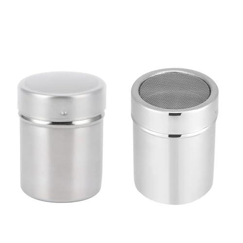 2Pcs Stainless Steel Powder Shakers, Powder Sugar Shaker with Lid Mesh Powder Shaker Cinnamon Cocoa Shaker for Coffee Bar Mesh Shaker