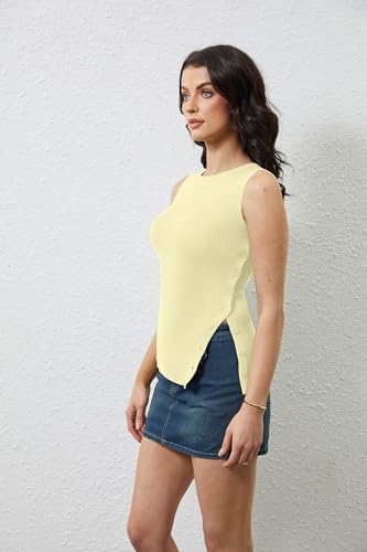 OLAPTA Women Asymmetrical Button Down Side Split Sleeveless Tank Tops Boat Neck Slim Fit Summer Casual Side Button Knit Vest2