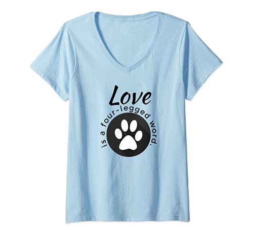 Womens Love is a Four-Legged Word Dog and Cat Paw Print V-Neck T-Shirt, Blue