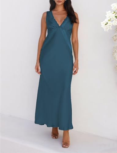 Image of BAGONE Summer Satin Lace V Neck Backless Formal Wedding Guest Maxi Dresses | Silk,Open Back,Sleeveless,Elegant,Cocktail,Bridesmaid,Baby Shower,Party,Prom,Birthday,Vacation,Summer Dresses for Women 2026