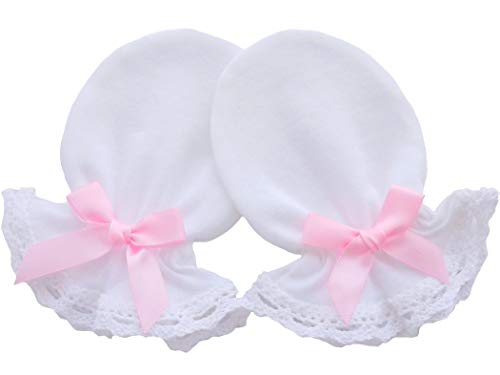 100% Cotton Jersey Newborn Baby Handmade Anti Scratch Mittens Christening Cotton Lace Color White (0-3 Months, Pink Bow)