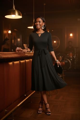 Image of CLOCOR Midi Dresses for Women Casual A-Line Fit and Flare Dress Crewneck 3 /4 Sleeve Keyhole Cocktail Party Church Dress
