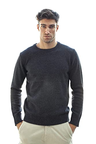 BRUNELLA GORI Pull col Rond - Homme, Automne/Hiver - 100% Laine Lambswool - 100% Fabriqué en Italie - Anthracite - M