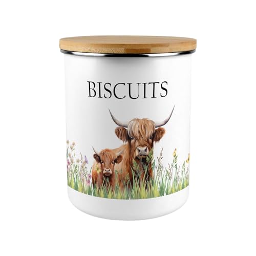 Purely Home Highland Cow & Calf Biscuit Canister - Countryside Farm Animals Large Enamel Kitchen Storage Container Gift