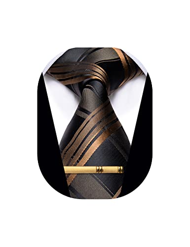 YourTies Men's Neckties Striped Tie and Plaid Neckties for Men Woven Silk Tie Gold Tie Clip Set