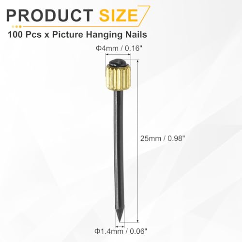 Image of uxcell 100Pcs Picture Hanging Nails, 1.4 x 25mm Iron Decorative Hangers Reusable Hardware Tool for Hanging Pictures Mirrors Baskets, Gold & Black
