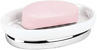 iDesign Hand Soap Holder, Small Oval Shaped Soap Dish Made of Ceramic and Metal, Practical Soap Storage for Bathroom Sink or Kitchen Sink, White/Silver
