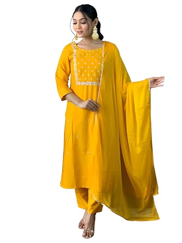 Image of Naixa Women's Viscose Embroidered Straight Kurta with Viscose Pant and Silk Blend Printed Dupatta Sets (NK-430)
