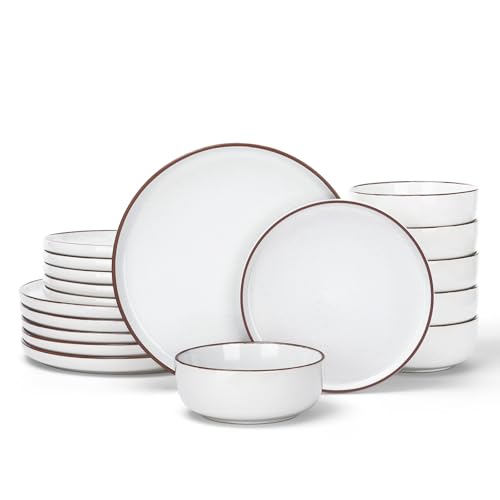 Famiware Mercury Plates and Bowls Sets, 18 Pieces Stoneware Dinnerware Sets, Dishes Set for 6, Microwave and Dishwasher Safe, White