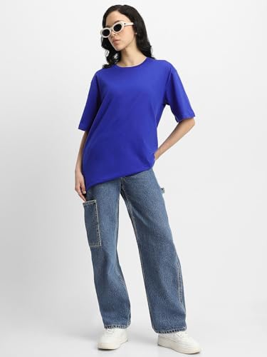 Image of JUNEBERRY Pure Cotton Oversized Baggy Fit Half Sleeve Drop Shoulder Plain Solid Round Neck T-Shirt for Women (Available in Black, White, Lilac, Cork, Maroon, Royal Blue, Swan White, Soap Nut Colors)