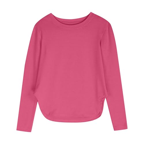 2025 Girls Long Sleeve Shirts Kids Crewneck Curve Hem Loose Tunic Tops Side Slit Soft T-Shirts Solid Pullover Tees3