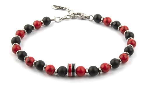 Design Creativo AC MILAN Bracciale acciaio e pietre naturali Uomo, Nero Rosso, Taglia Unica,