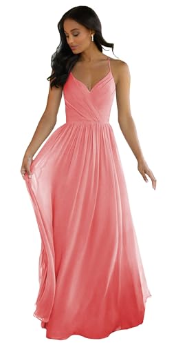 Image of LANGKAAO Women's V Neck Bridesmaid Dresses Long for Wedding A-Line Chiffon Open Back Formal Gown with Pockets