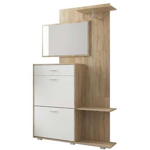 Design Moderno e Funzionale: Mobile ingresso con scarpiera che combina estetica contemporanea e praticità, perfetto per ambienti moderni, minimal o nordici con finitura Rovere e frontali Bianco
