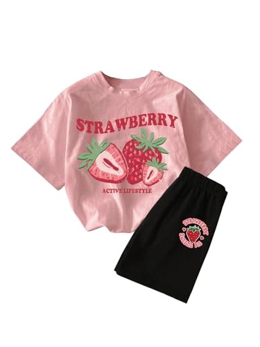 Image of SweatyRocks Girl's 2 Piece Outfits Strawberry Graphic Short Sleeve Tee and Shorts Set Sweatsuit