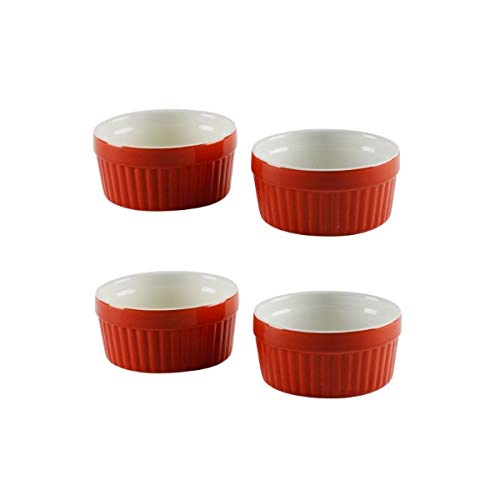 Kabalo Souffle Dessert, Pudding, Snack, Muffin, Cupcake & Crème Brulee Bowl Set Of 4 Red Kitchen Ceramic Ramekin Dish