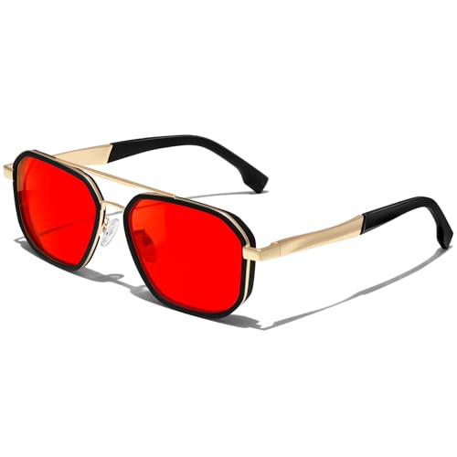KANASTAL Red Sunglasses Mens Square Womens Festivals Retro Metal UV400