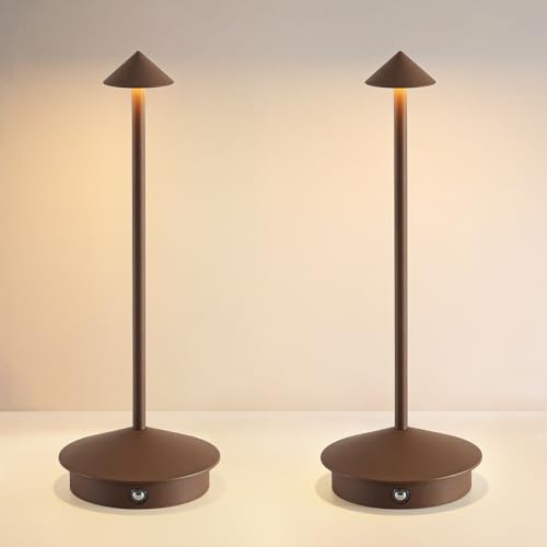 EJQ 2 Pack LED Rechargeable Cordless Table Lamps,Portable Outdoor 5000mAh Battery Operated Table Light Touch Control 3 Color Dimmable for Patio/Cofee/Restaurant/Camping/Dining/Bedroom-Brown