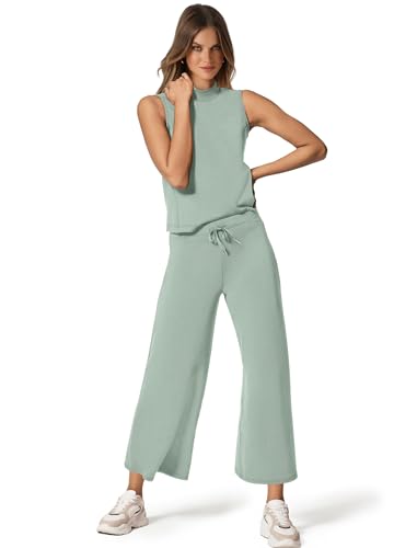Image of SAMPEEL Two Piece Sets for Women Summer Outfits Lounge Sets Mock Neck Tops Wide Leg Crop Pants Vacation Travel Outfits