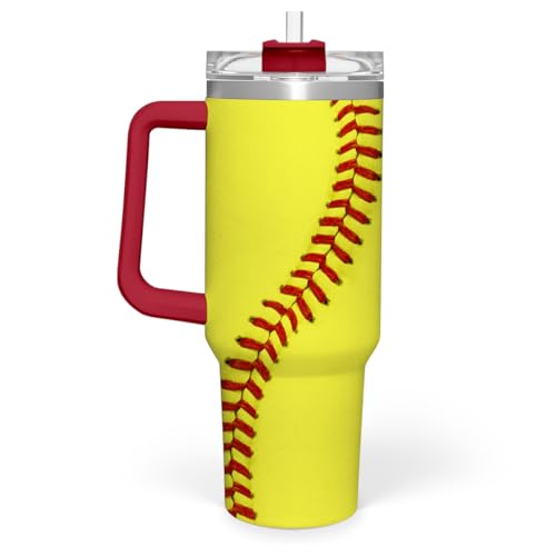 Image of SANDJEST Softball Tumbler with Handle 40oz, Insulated Stainless Steel Cup with Lid & Straw, Sports Lover Gift for Men, Coach, Player, Christmas, Birthday