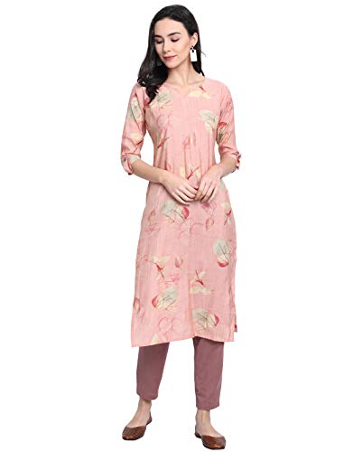 Image of 1 Stop Fashion Women's Chanderi Silk Pink Color Straight Kurta with Gold Print