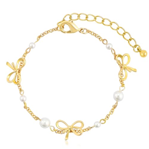 Gold Bow Knot Link Bracelet for Women with Pearl Cute 14K Gold Plated Bowknot Bracelet Elegant Bow Charm Bracelet Dainty Bow Tie Ribbon Bracelet Summer Party Trendy Jewelry Gift for Women
