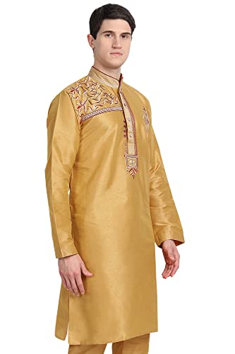 Image of Amazon Brand - Anarva Men Art Silk A-Line Kurta Embroidered Long Kurta