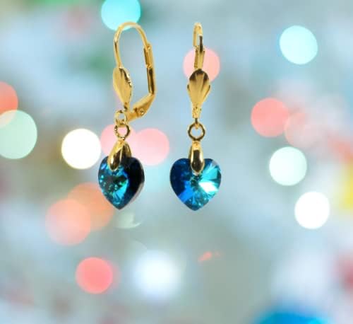 A SHER’S CREATION 14K Gold plated Earrings with Austrian Crystal Designer Small delicate leverback Heart Hypoallergenic Statement Jewelry Blue color - Image 3